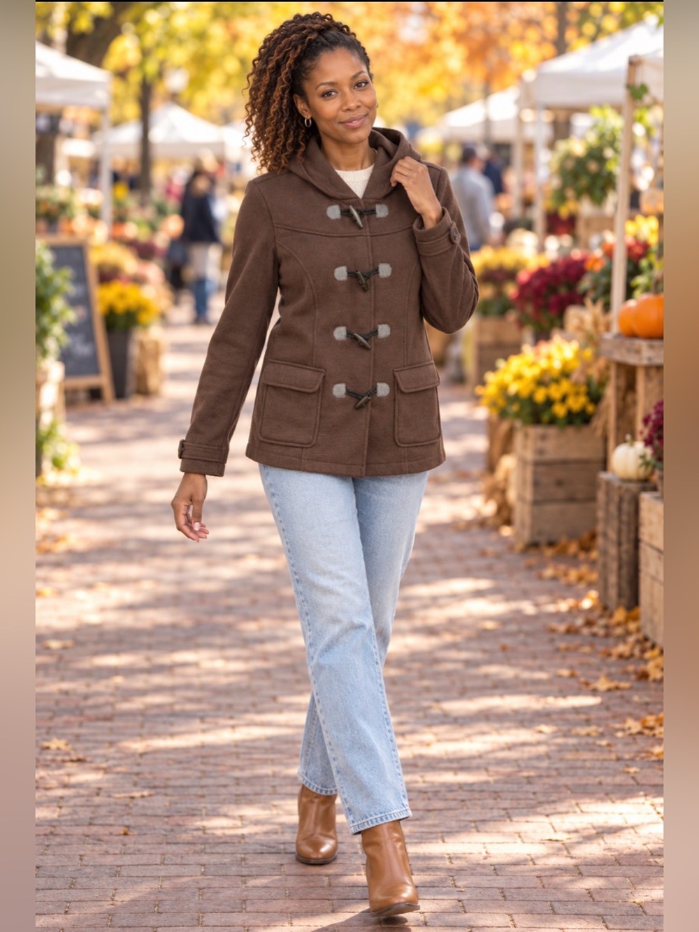 Ambiance Brown Hooded Fleece Toggle Duffle Pea Coat Jacket